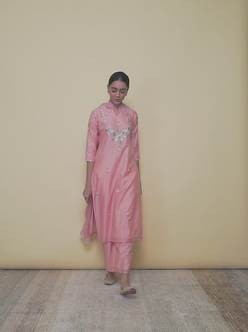 Pink Embroidered Silk Straight Kurta With Palazzos & Dupatta