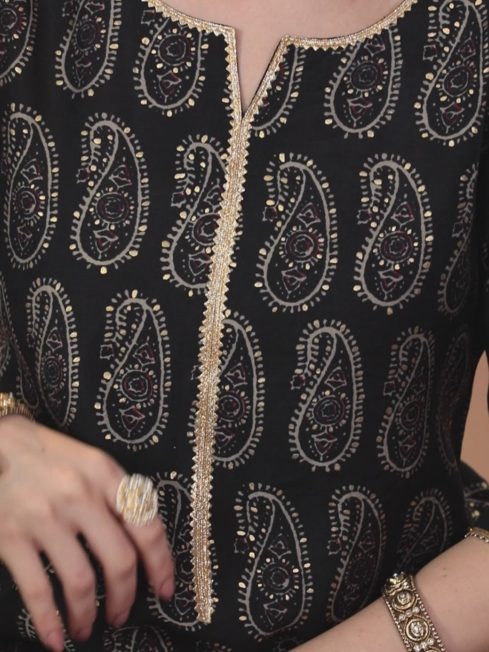 Black Printed Silk Blend Straight Kurta With Dupatta
