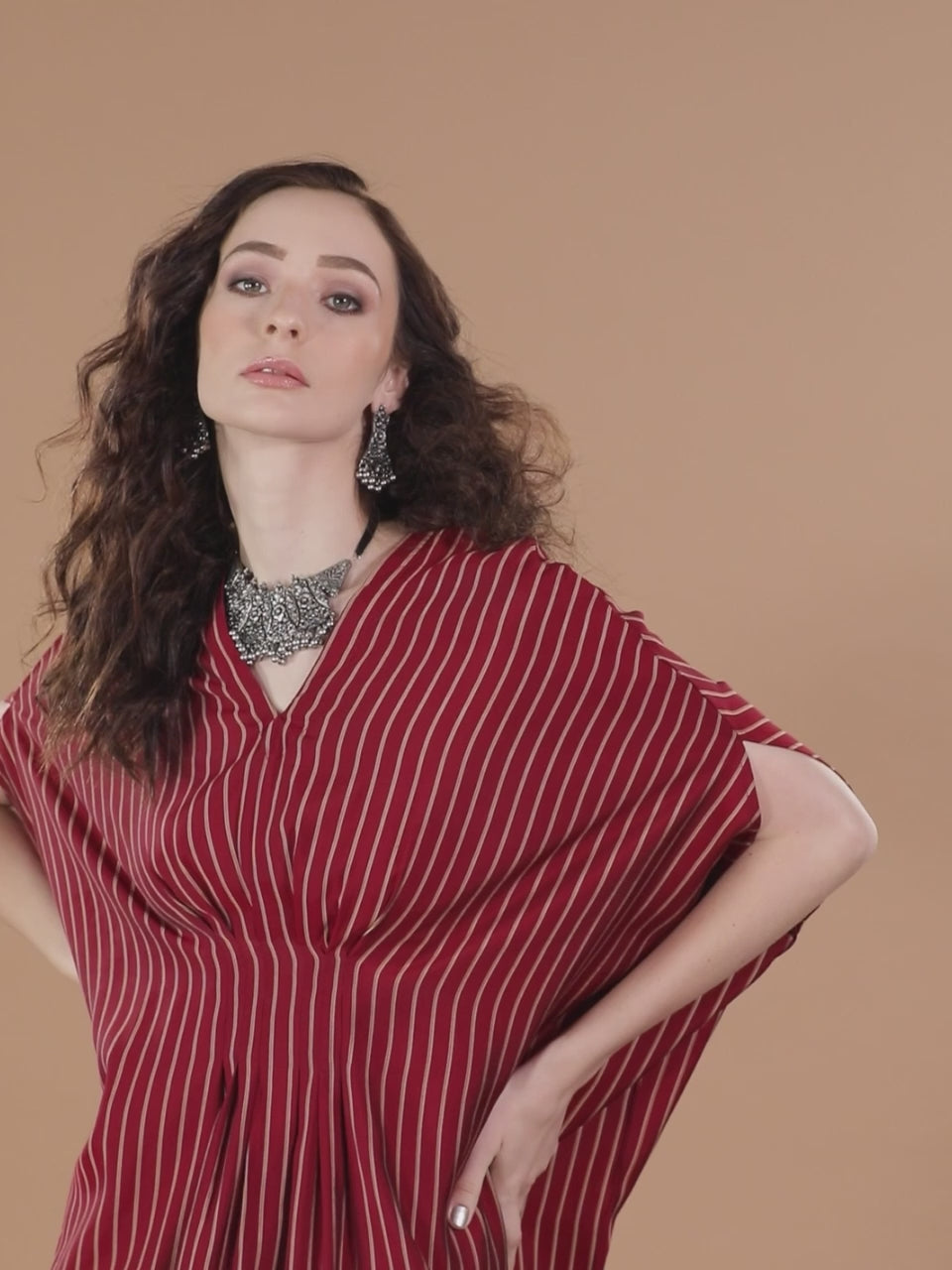 Maroon Striped Silk Dress
