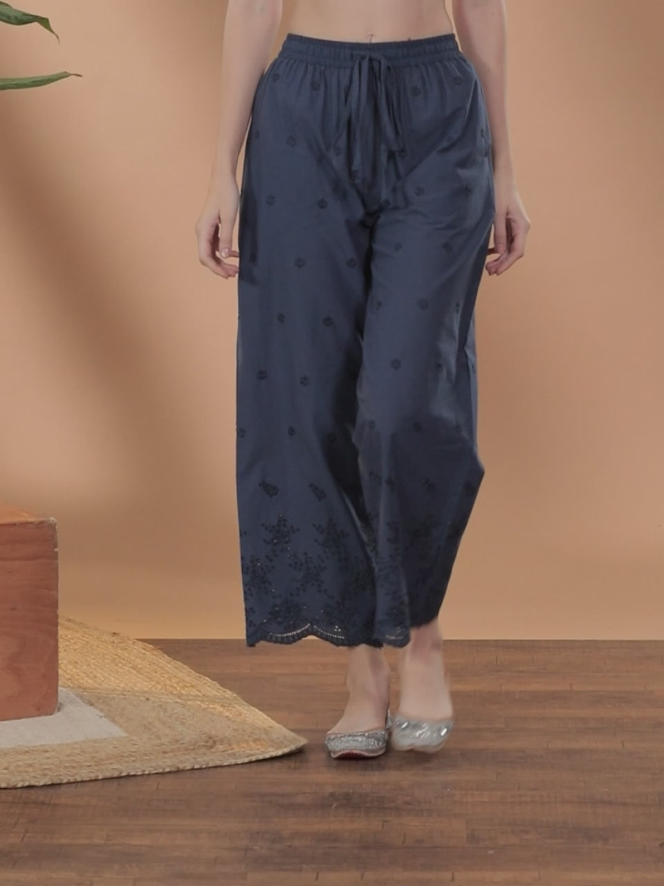 Blue Self Design Cotton Palazzos