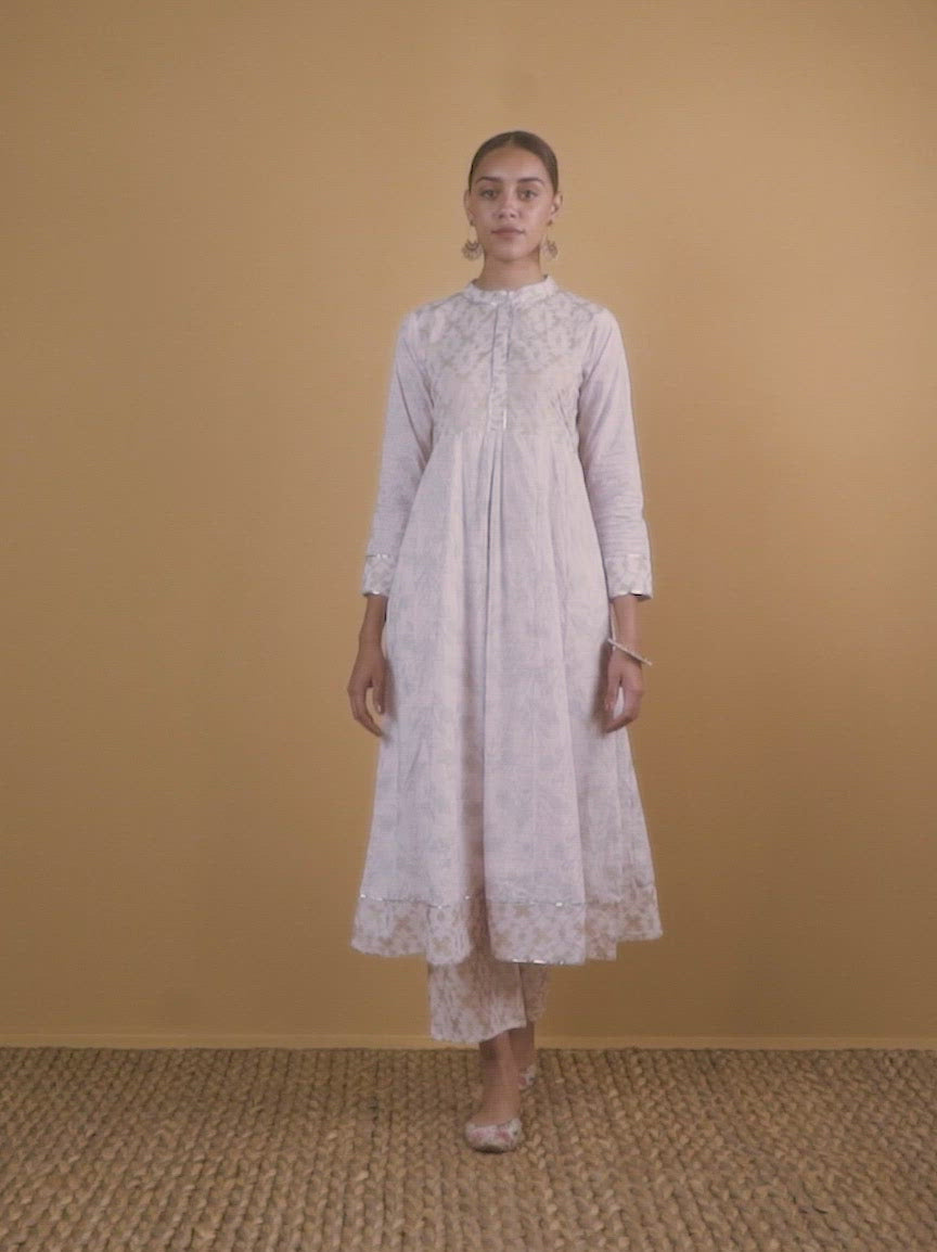 Pink Printed Cotton Anarkali Kurta With Palazzos