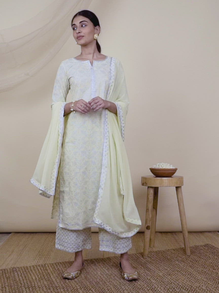 Yellow Printed Cotton Straight Kurta With Palazzos & Dupatta