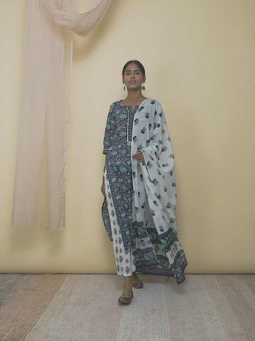 Blue Printed Cotton Straight Kurta With Palazzos & Dupatta