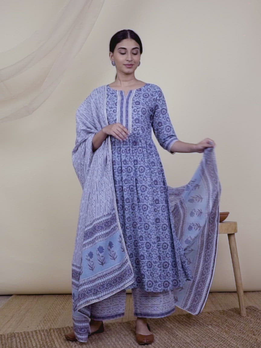 Blue Printed Cotton Anarkali Kurta With Palazzos & Dupatta