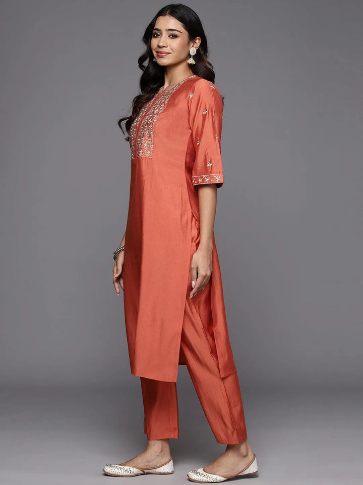Coral Solid Silk Blend Straight Kurta With Trousers & Dupatta - Libas