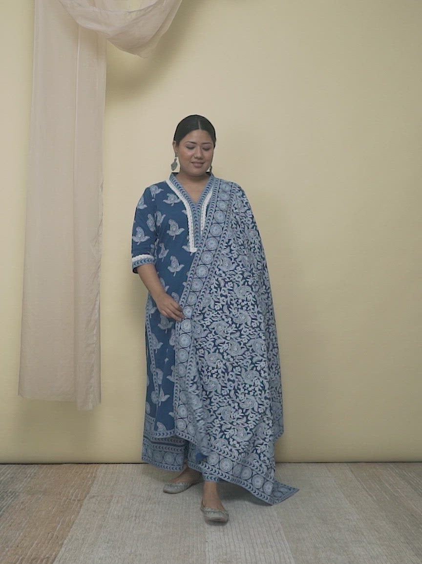 Plus Size Blue Printed Cotton Straight Kurta With Palazzos & Dupatta