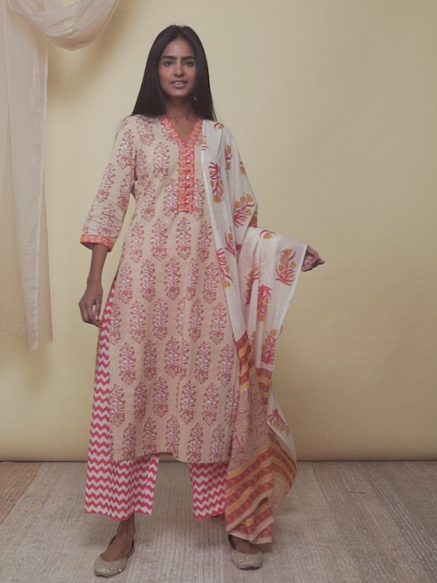 Multicoloured Printed Cotton Straight Kurta With Palazzos & Dupatta