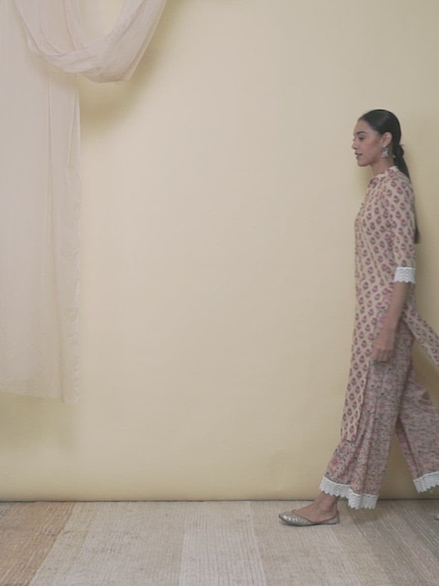 Off-White Printed Cotton Straight Kurta With Palazzos