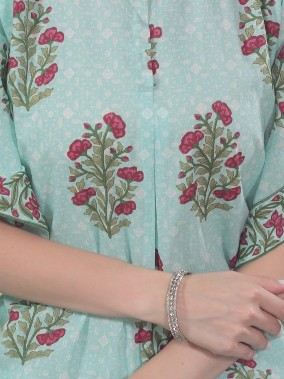 Blue Printed Cotton A-Line Kurta With Trousers