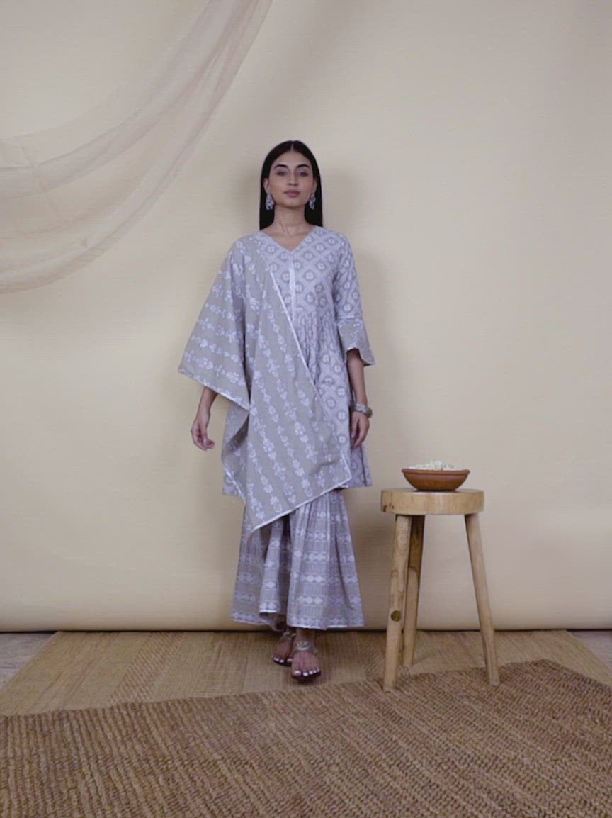 Grey Printed Cotton A-Line Kurta With Sharara & Dupatta