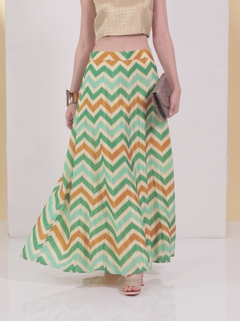 Green Printed Silk Skirt