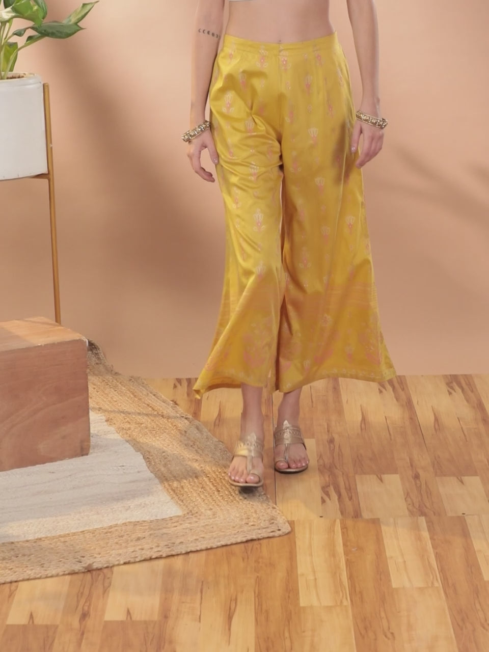 Yellow Printed Silk Palazzos