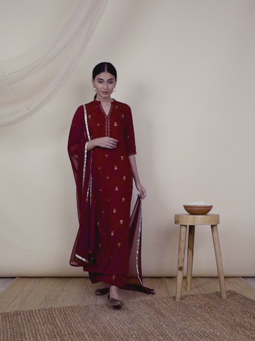Maroon Printed Rayon A-Line Kurta With Palazzos & Dupatta