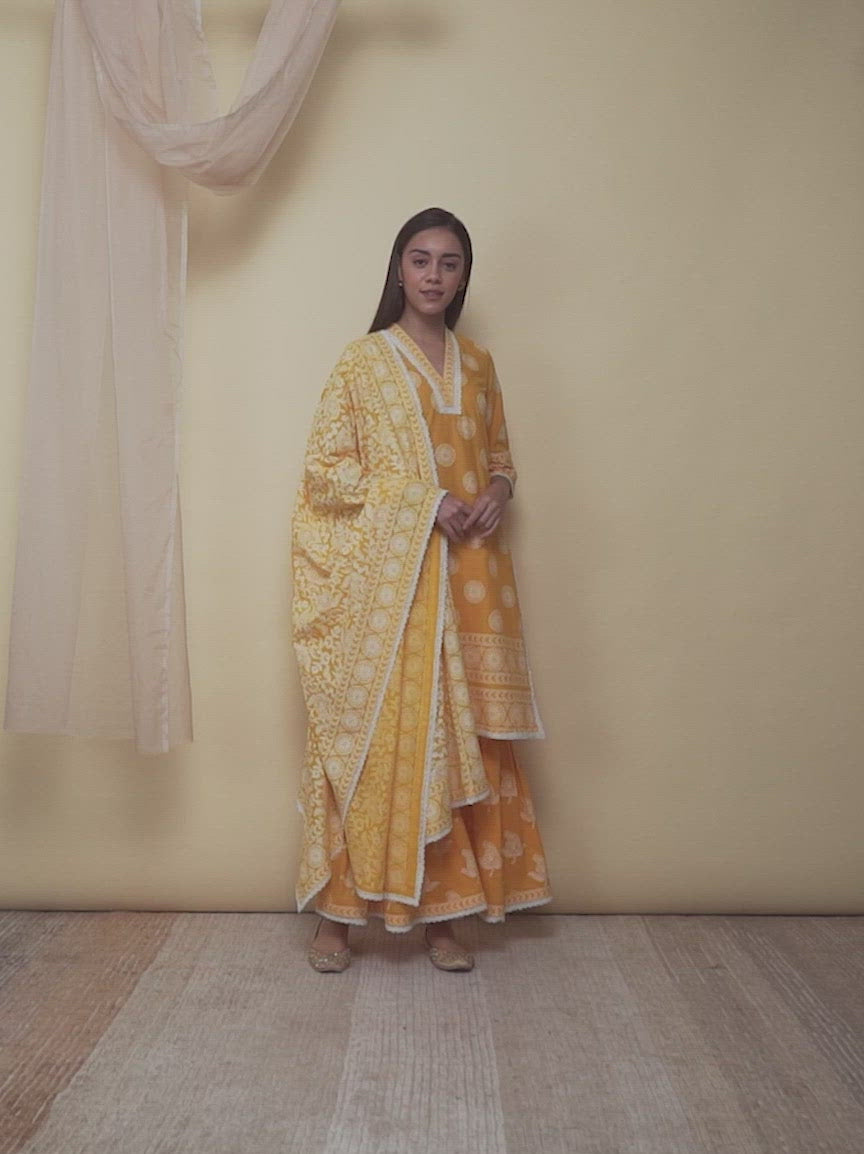 Yellow Printed Cotton Straight Kurta With Sharara & Dupatta