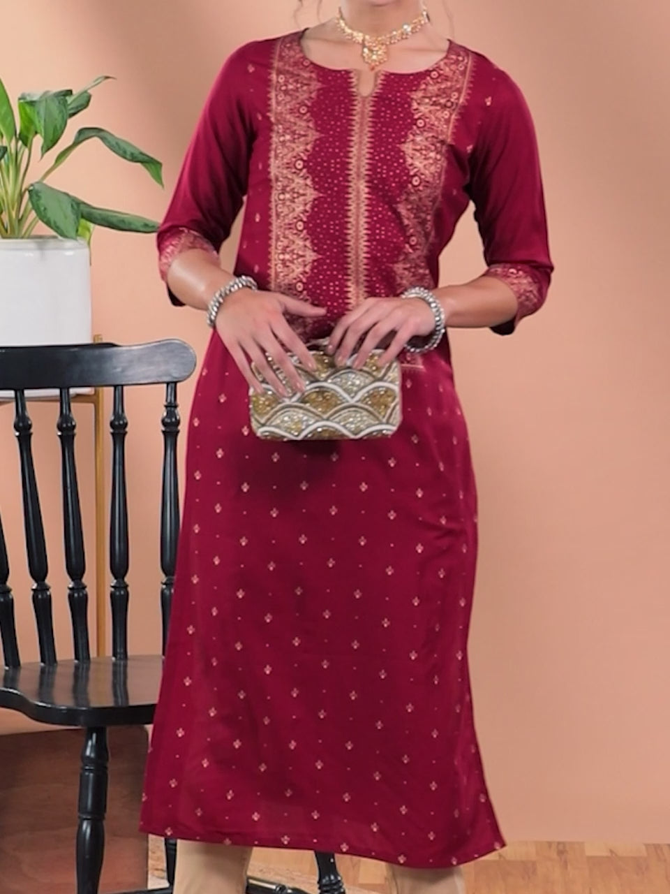 Maroon Printed Rayon Kurta
