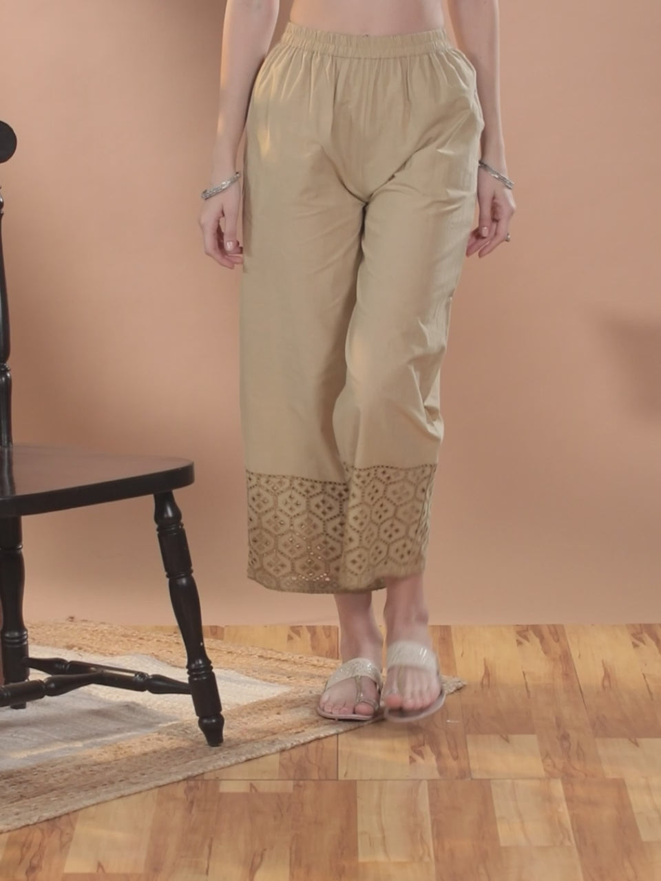 Beige Solid Cotton Palazzos