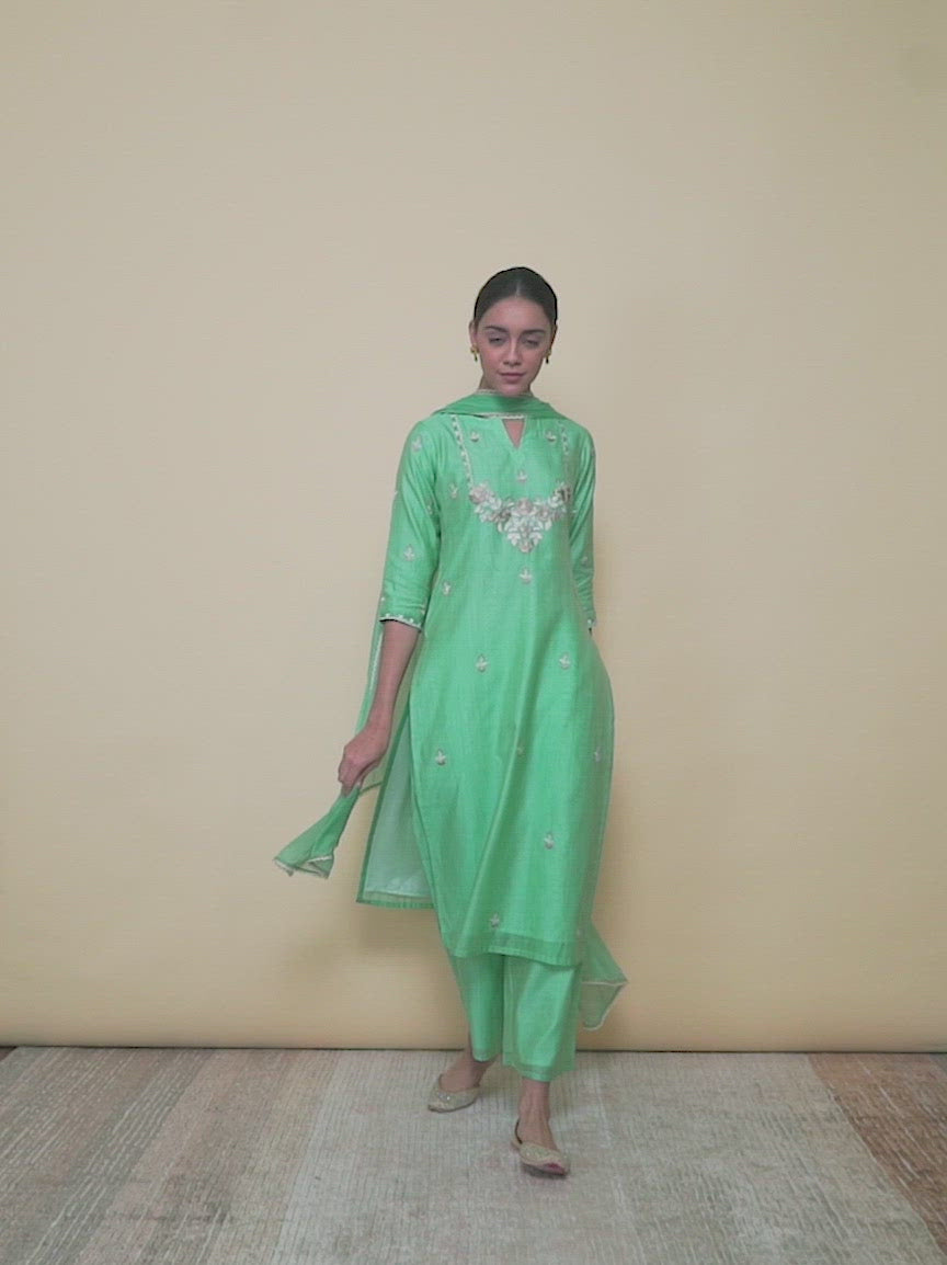 Green Embroidered Silk Straight Kurta With Palazzos & Dupatta