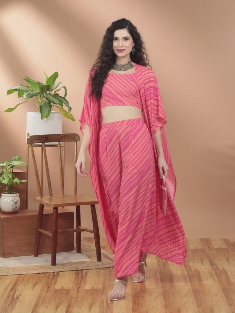Pink Striped Georgette 3 Piece Co-Ords