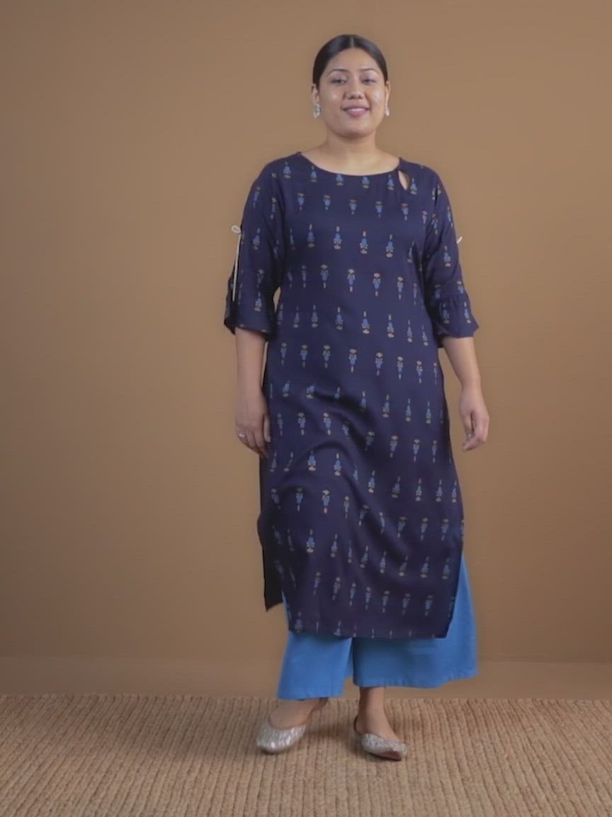 Plus Size Navy Blue Printed Rayon Kurta