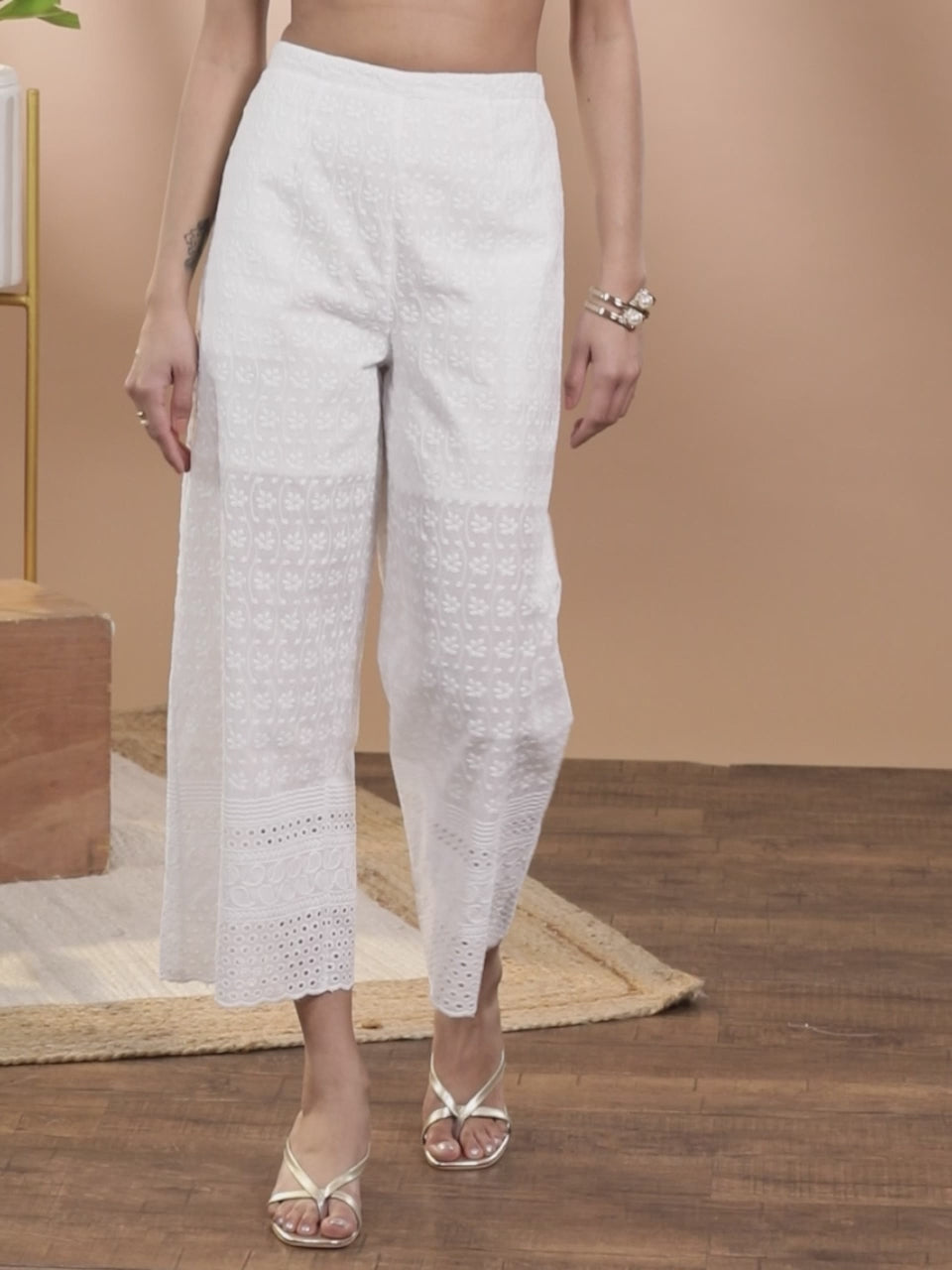 White Embroidered Cotton Palazzos