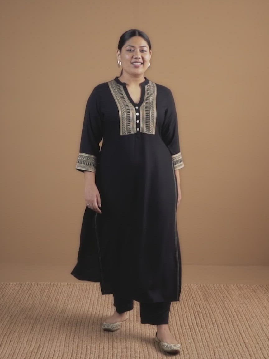 Plus Size Black Embroidered Rayon Kurta