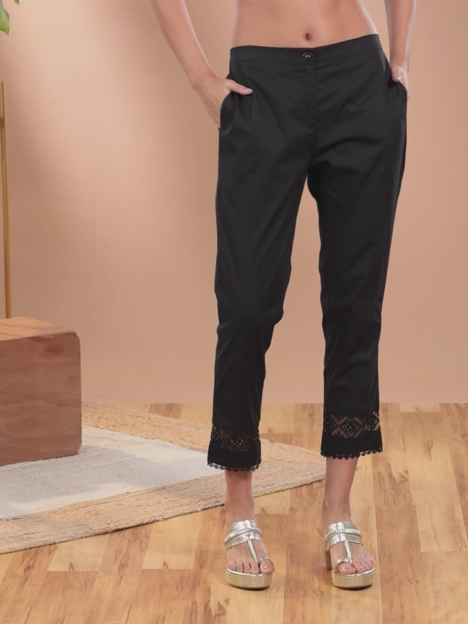 Black Solid Cotton Trousers