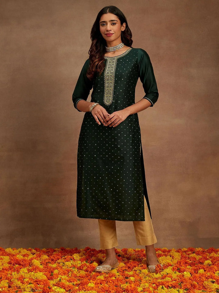 Green Embellished Silk Straight Kurta - Libas