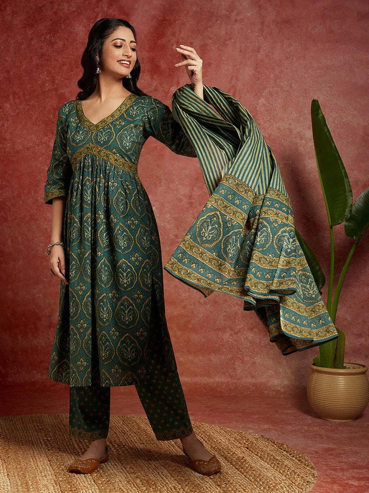 Green Printed Cotton A-Line Kurta With Trousers & Dupatta - Libas