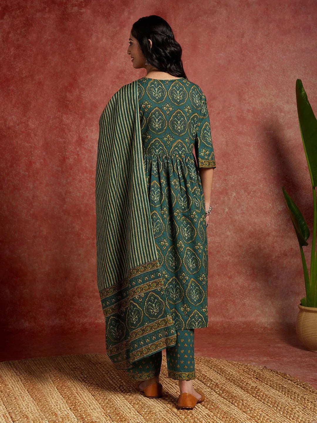 Green Printed Cotton A-Line Kurta With Trousers & Dupatta - Libas