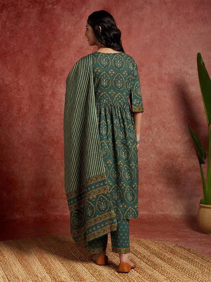 Green Printed Cotton A-Line Kurta With Trousers & Dupatta - Libas