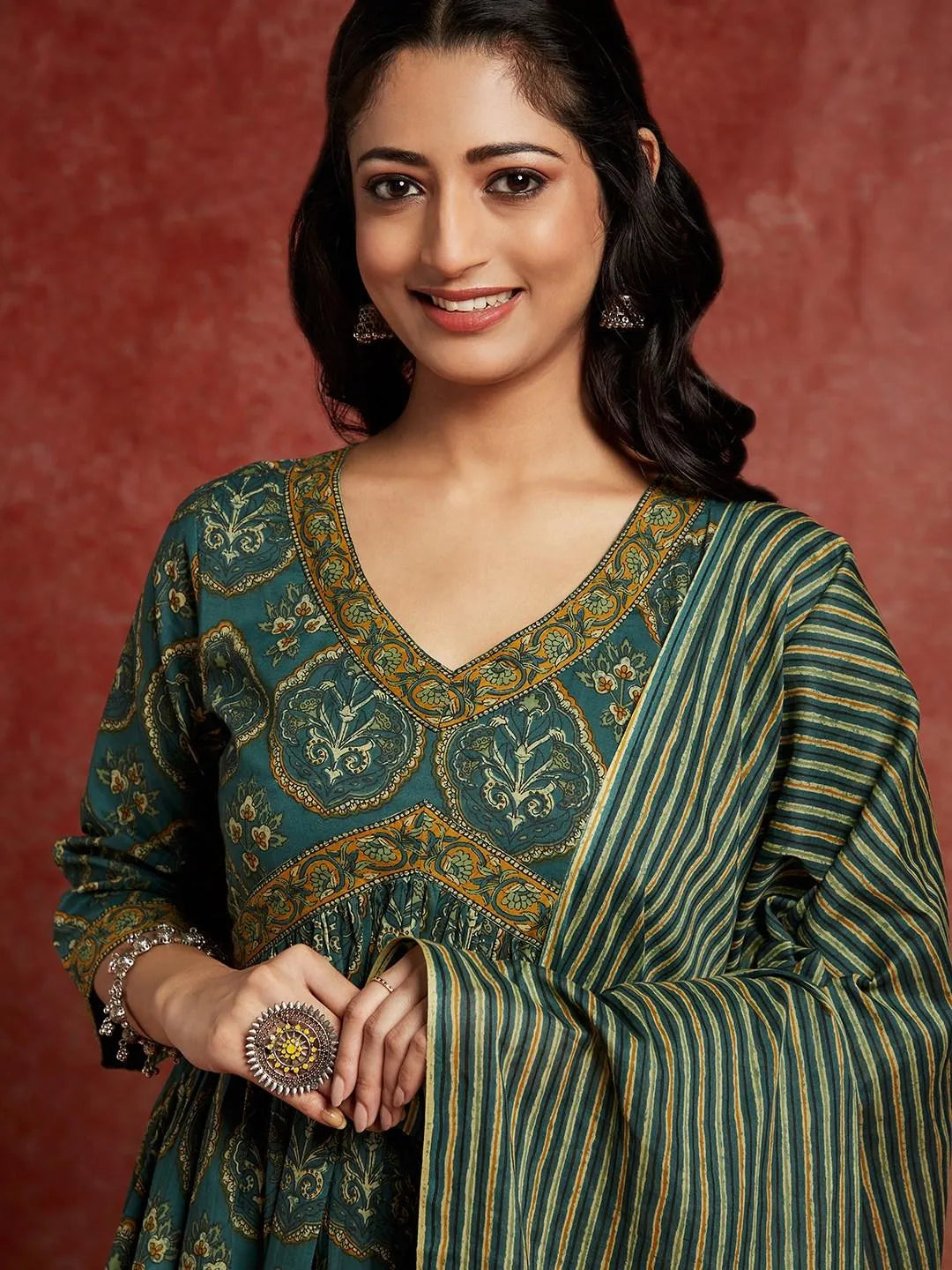 Green Printed Cotton A-Line Kurta With Trousers & Dupatta - Libas