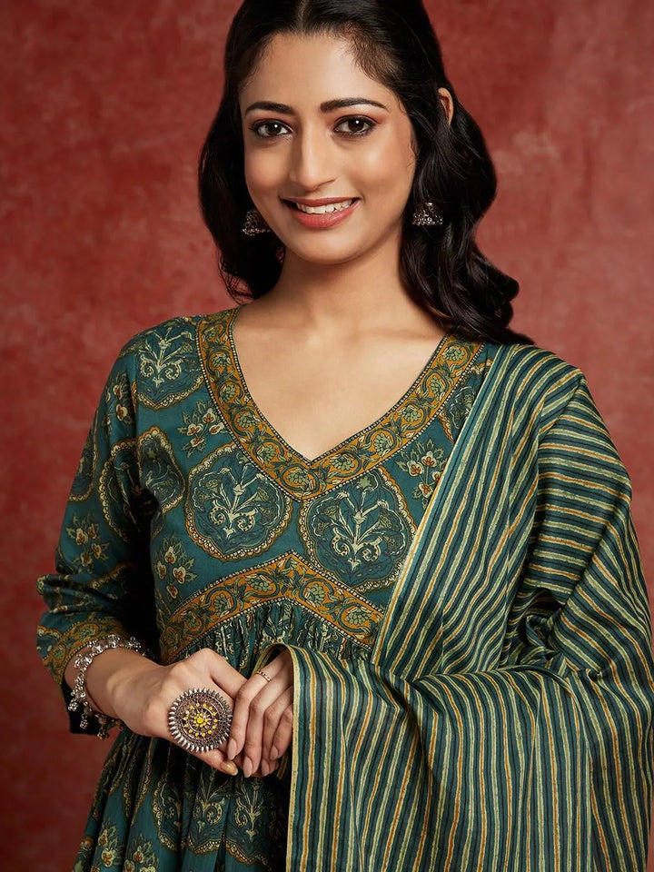 Green Printed Cotton A-Line Kurta With Trousers & Dupatta - Libas