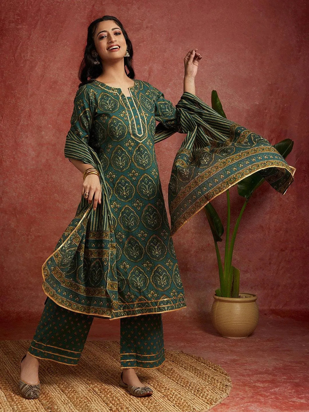 Green Printed Cotton Straight Kurta With Palazzos & Dupatta Online at Rs.1819 | Libas