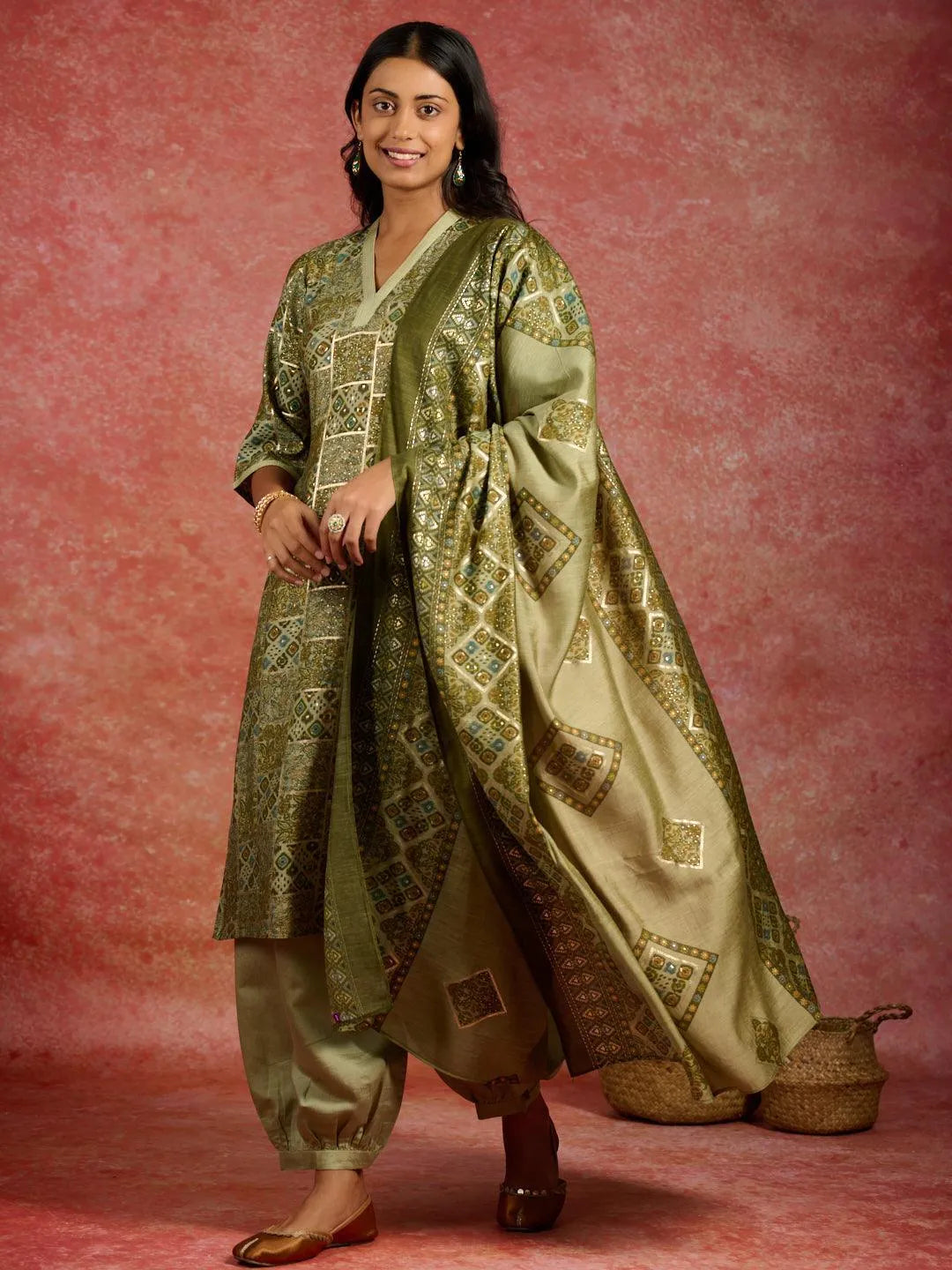 Green Printed Silk Blend Straight Kurta With Salwar & Dupatta - Libas