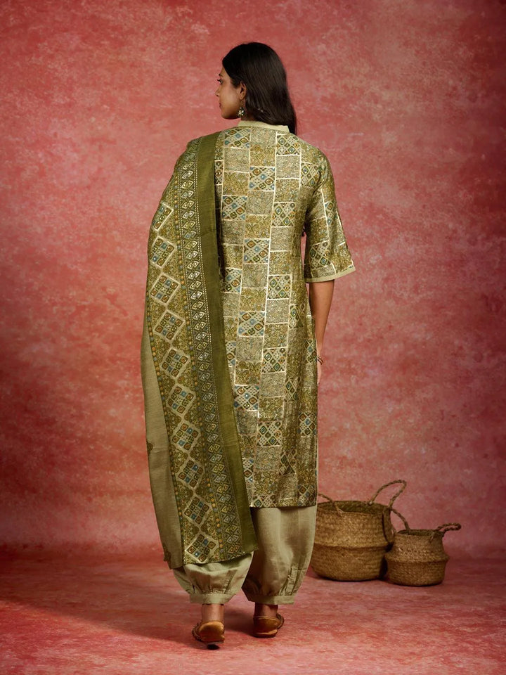 Green Printed Silk Blend Straight Kurta With Salwar & Dupatta - Libas