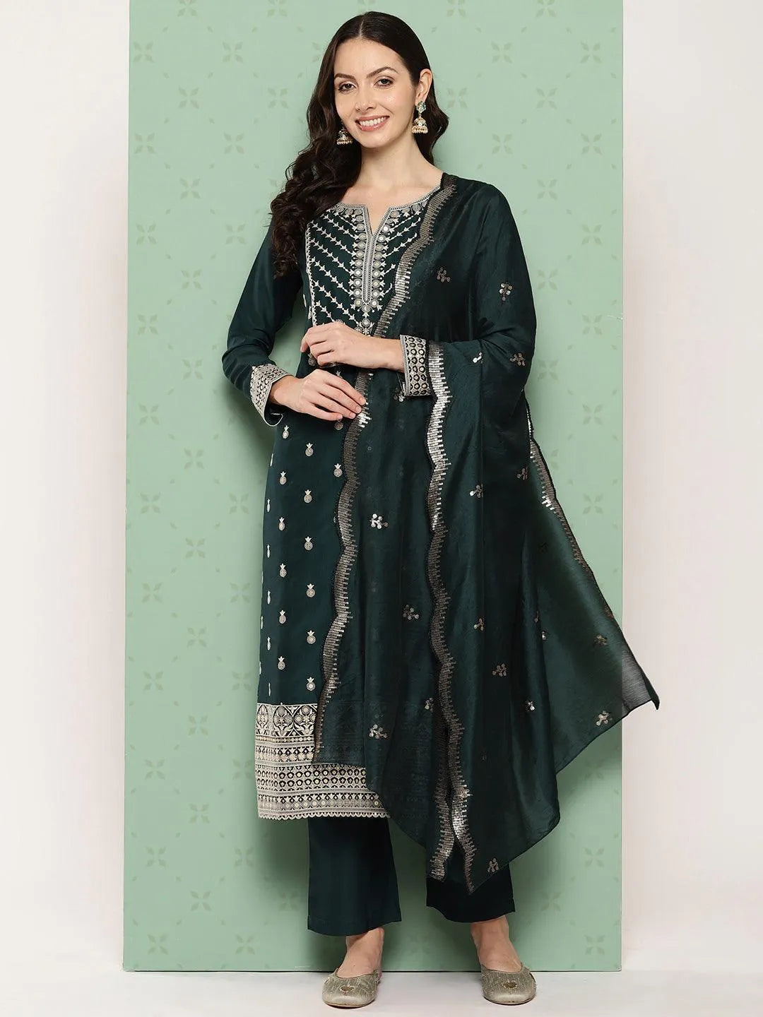 Green Printed Silk Straight Kurta With Trousers & Dupatta Online at Rs.2279 | Libas