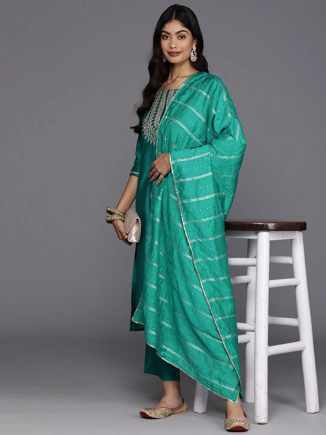 Green Yoke Design Silk Blend Straight Kurta With Trousers & Dupatta Online at Rs.1249 | Libas