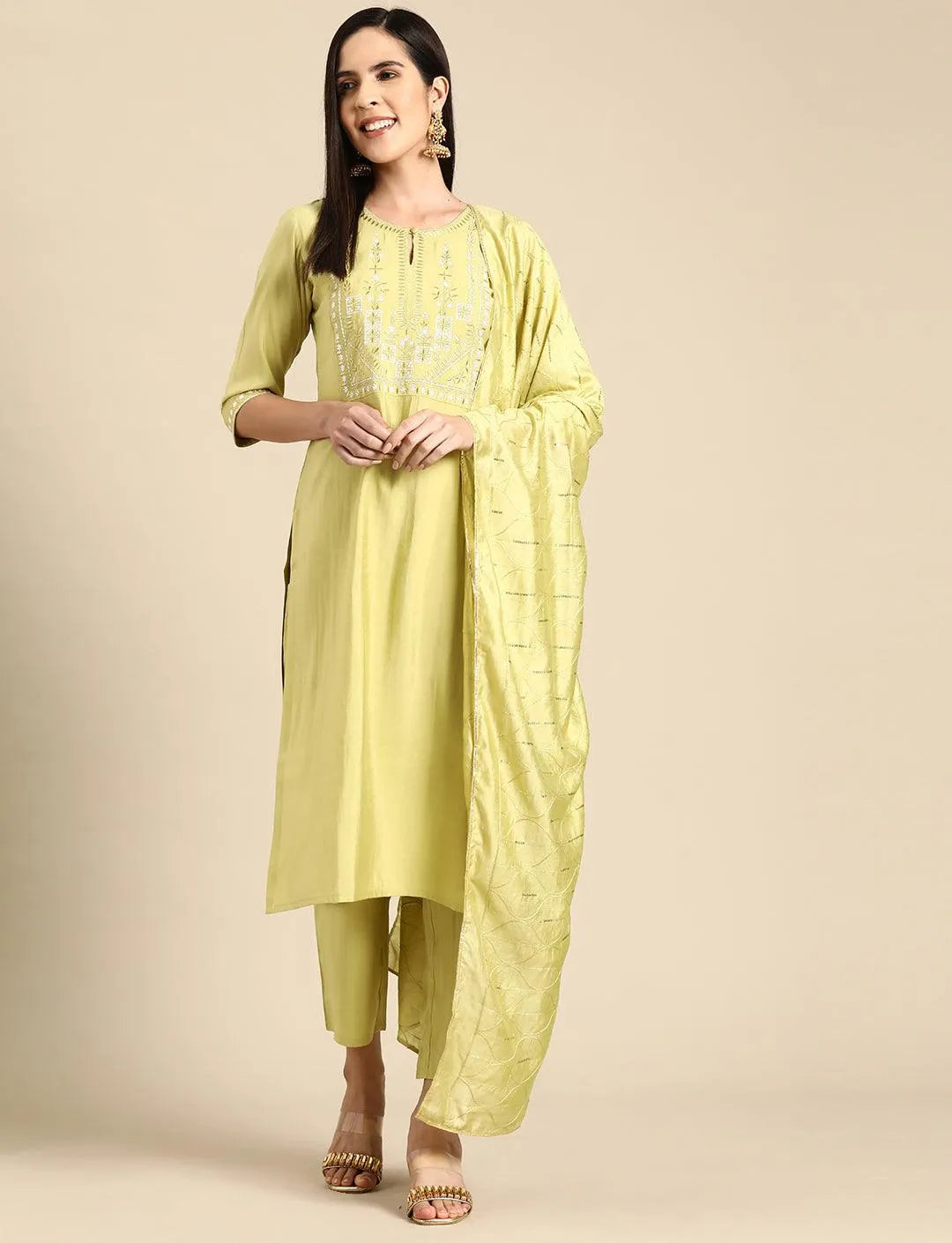Green Yoke Design Silk Blend Straight Kurta With Trousers & Dupatta - Libas