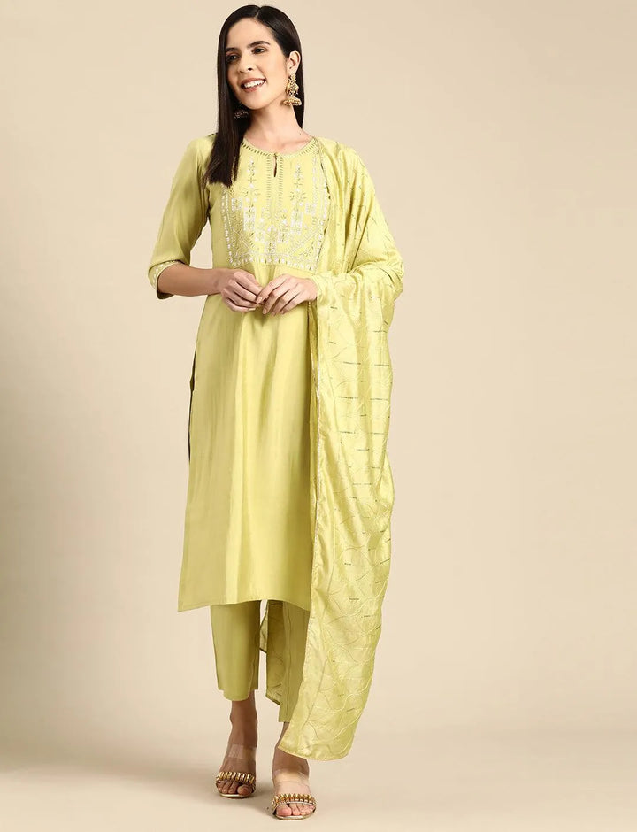 Green Yoke Design Silk Blend Straight Kurta With Trousers & Dupatta - Libas