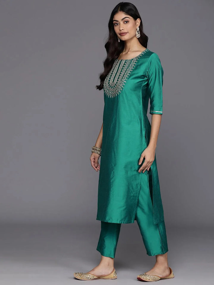 Green Yoke Design Silk Blend Straight Kurta With Trousers & Dupatta - Libas