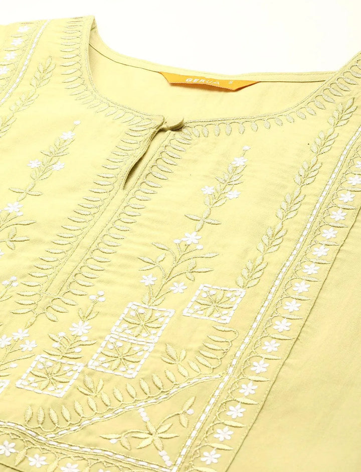 Green Yoke Design Silk Blend Straight Kurta With Trousers & Dupatta - Libas