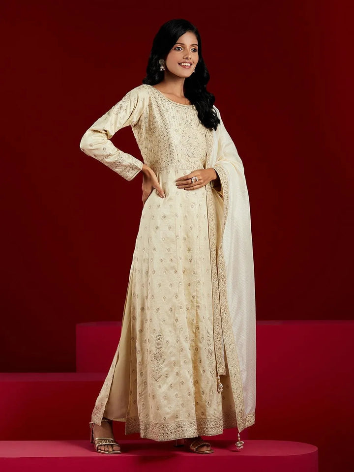 Libas Art Beige Embroidered Silk A-Line Kurta With Trousers & Dupatta - Libas