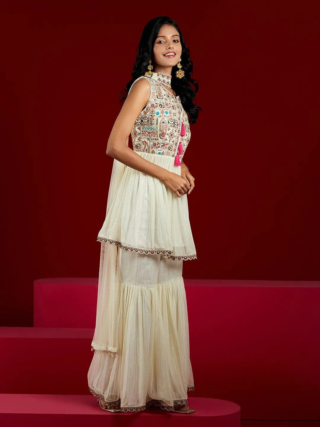 Libas Art Off White Yoke Design Silk Chiffon A-Line Kurta With Sharara & Dupatta - Libas