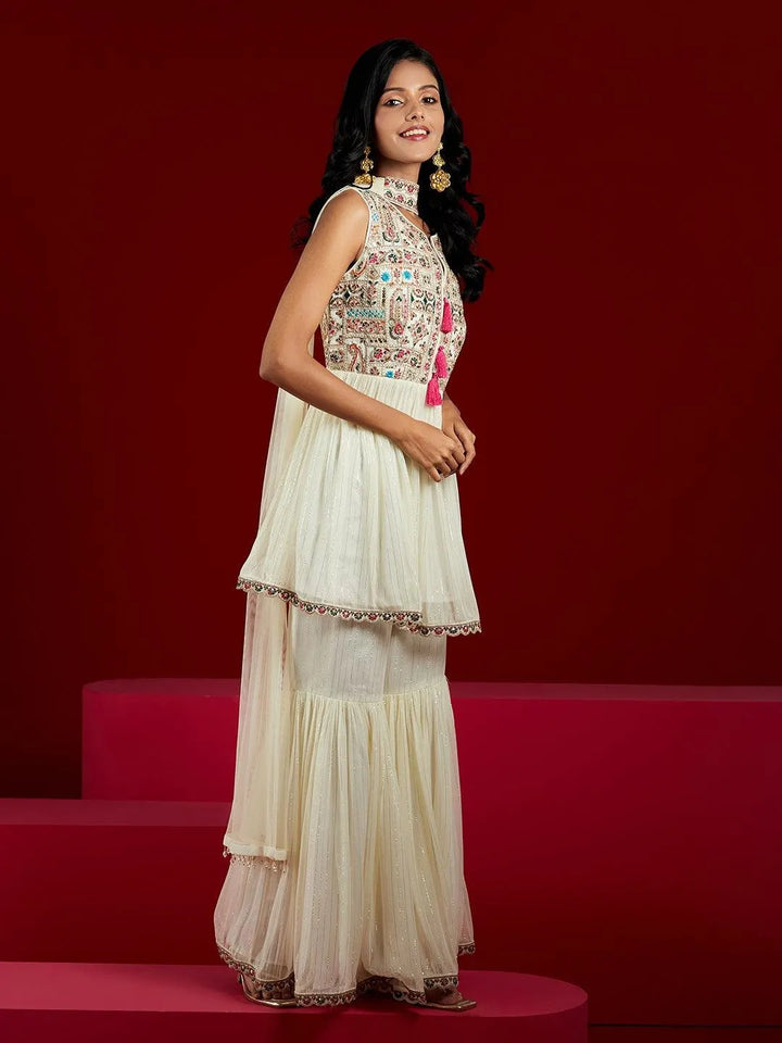 Libas Art Off White Yoke Design Silk Chiffon A-Line Kurta With Sharara & Dupatta - Libas