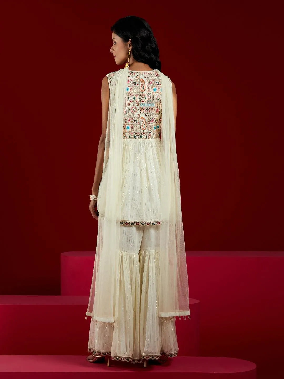 Libas Art Off White Yoke Design Silk Chiffon A-Line Kurta With Sharara & Dupatta - Libas