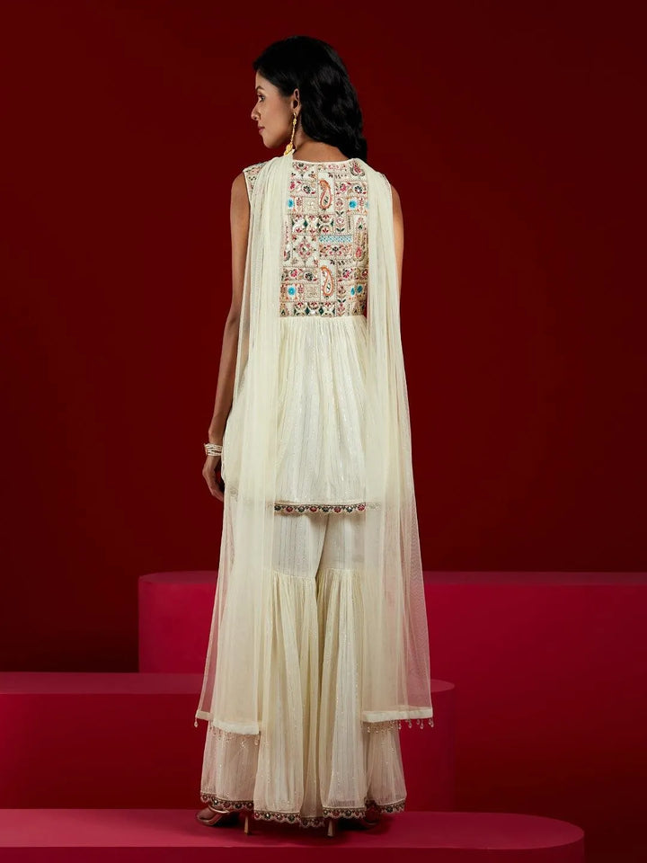 Libas Art Off White Yoke Design Silk Chiffon A-Line Kurta With Sharara & Dupatta - Libas