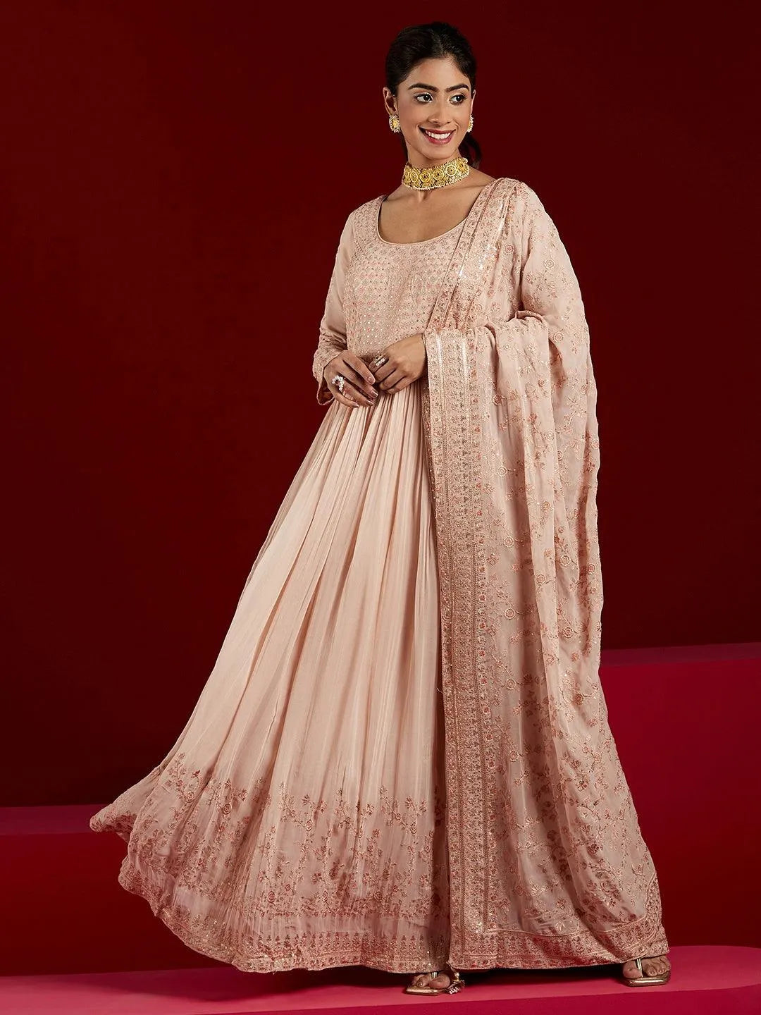 Buy Libas Art Peach Embroidered Georgette Anarkali Suit With