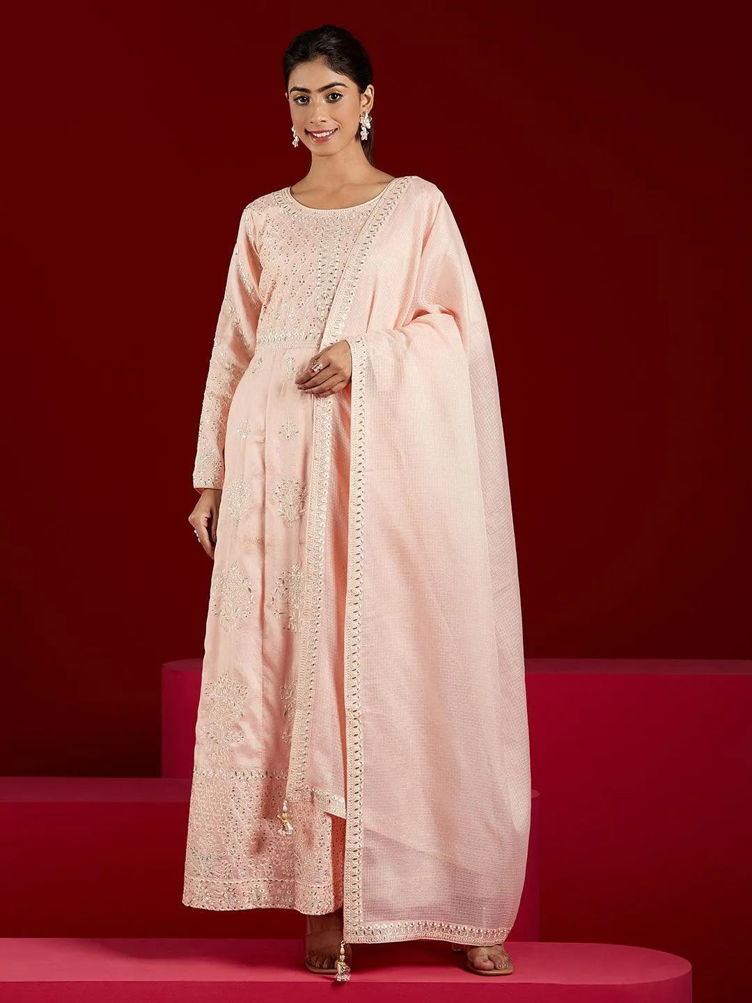 Libas Art Peach Embroidered Silk A-Line Kurta With Trousers & Dupatta - Libas