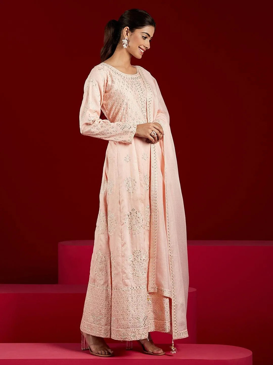 Libas Art Peach Embroidered Silk A-Line Kurta With Trousers & Dupatta - Libas
