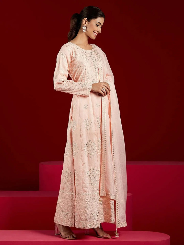 Libas Art Peach Embroidered Silk A-Line Kurta With Trousers & Dupatta - Libas